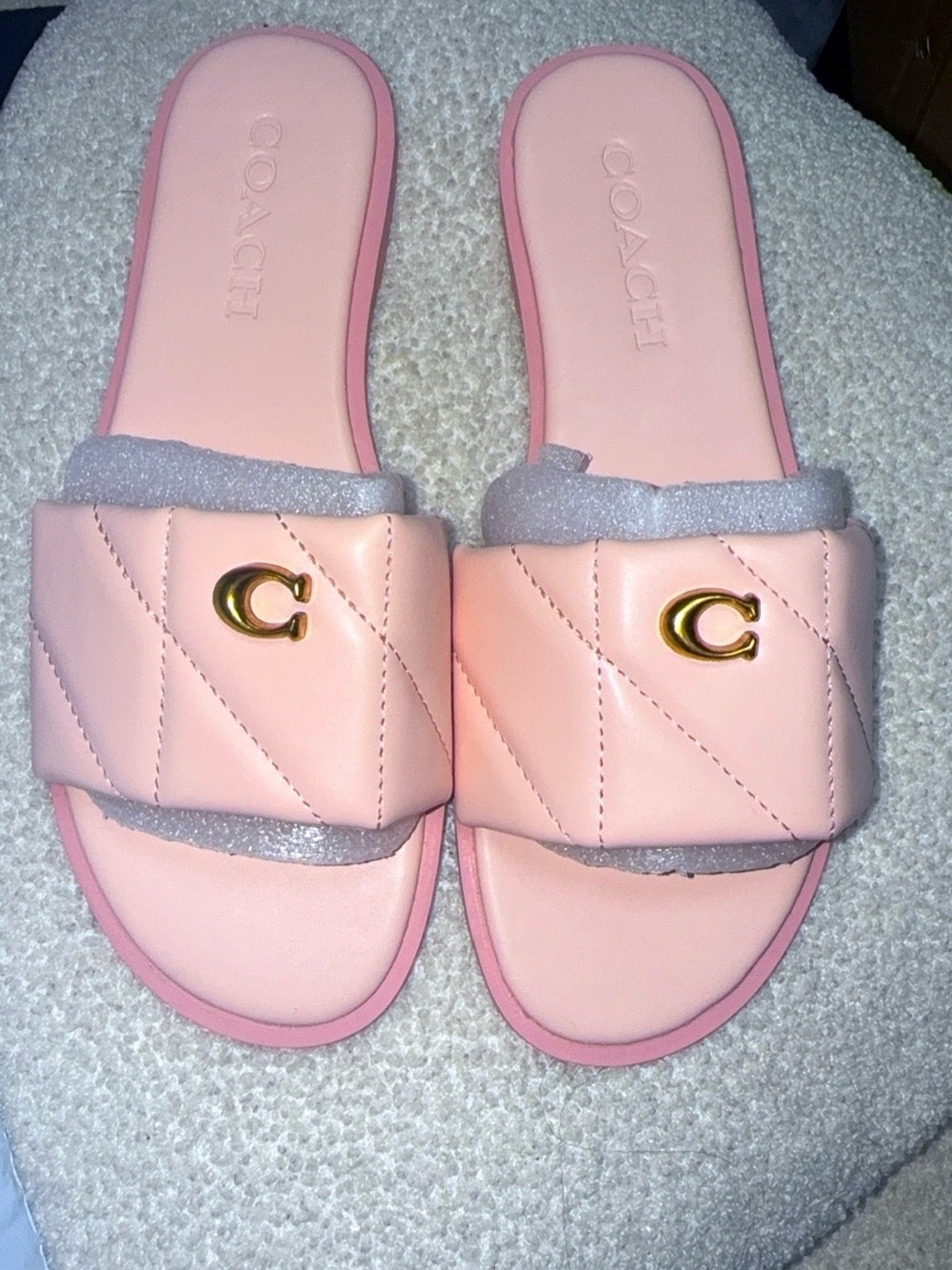 Coach Blush Quilted Slide Sandals with Gold 'C' Accent